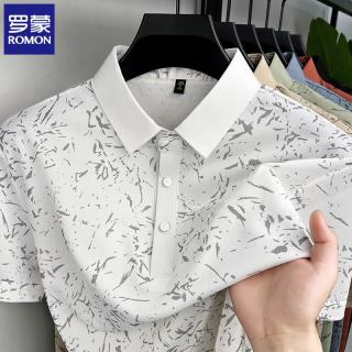 罗蒙 男士无痕冰丝短袖t恤翻领2026夏季新款半袖印花体恤衫男潮流上衣 白色 XL (建