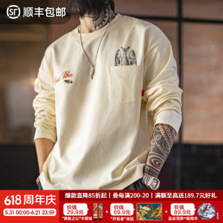 马登 美式印花口袋长袖T恤纯全棉舒适圆领打底内搭体恤男款春 米白色 2XL