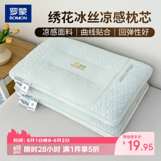 罗蒙 夏季凉感枕头枕芯 冰丝刺绣护颈椎助眠枕 45*70*8cm 绿色