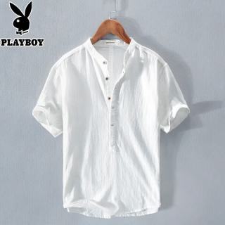 PLAYBOY 含亚麻短袖T恤男士套头夏季亨利领中国风文艺体恤衫白色薄款