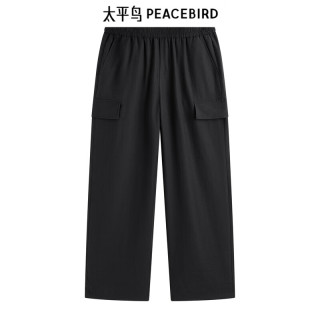 太平鸟 男装 休闲裤直筒裤黑色工装直筒抽绳裤潮牌B3GLD2113 黑色1（直筒） S