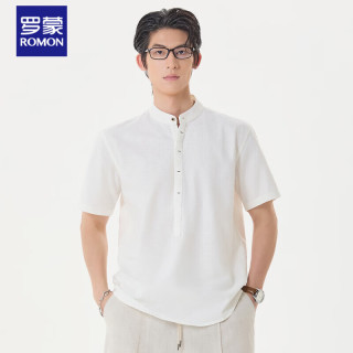 罗蒙 男士短袖POLO衫 立领苎麻衬衫