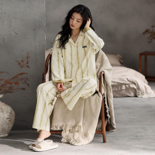 洁丽雅 100%棉夏季开衫睡衣女长袖全棉舒适亲肤休闲宽松家居服套装 米杏竖条纹 L