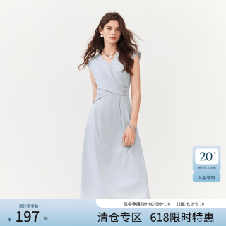 范思蓝恩 v领无袖双色女连衣裙2026夏装新款收腰遮肉高腰a字中长裙 冰水蓝 XS