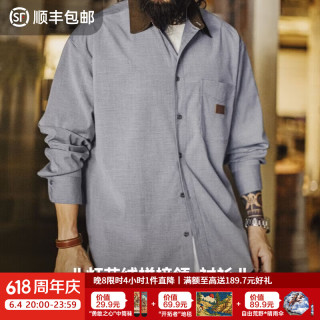 马登 工装   美式休闲灯芯绒拼接衬衫