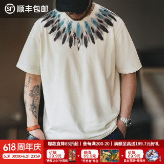 马登 重磅印第安民族风印花T恤 (男重磅纯棉圆领短袖夏季宽松透气半袖衫） 米白色  L