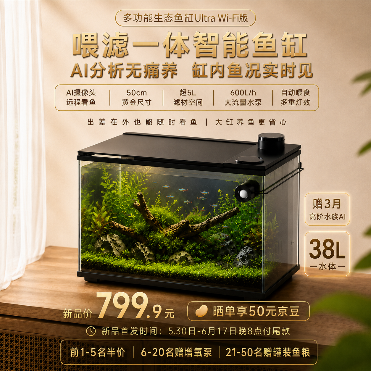 京东京造 AI智能玻璃鱼缸 Ultra WiFi 自循环 家用客厅