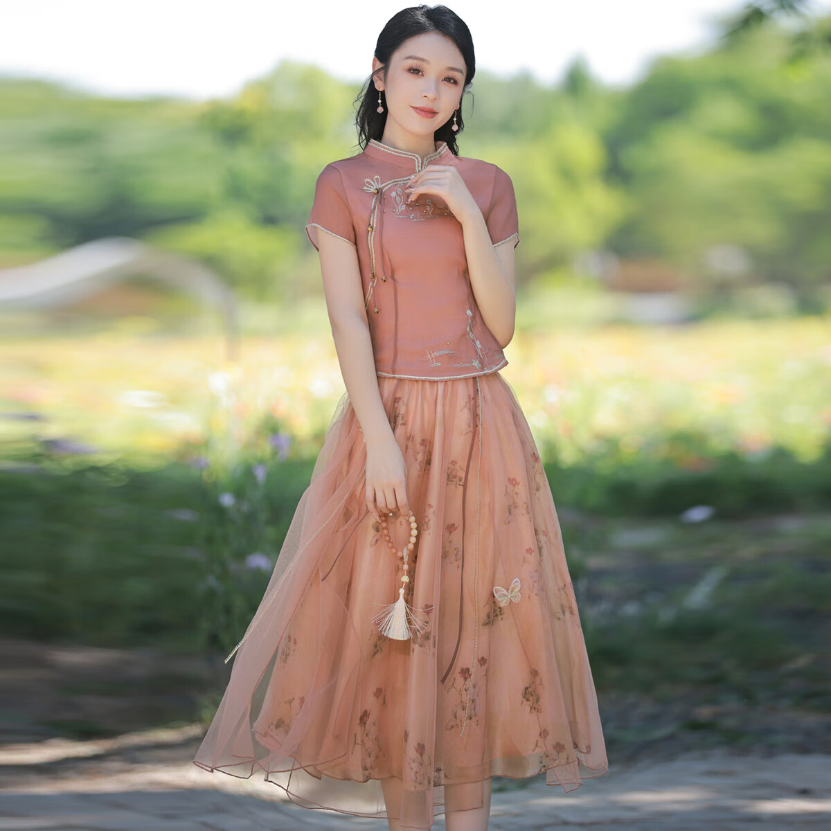 烟花燙 A字半身裙 女 春款 网纱碎花 M