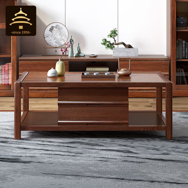 天坛家具 榆木板木结合 带储物抽屉 长方形茶几