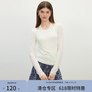 范思蓝恩 假两件挂脖长袖T恤女2025夏新款设计感含羊毛上衣2526 白色 XS