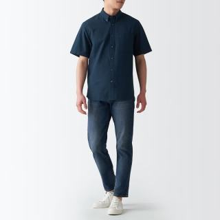 無印良品 MUJI 棉水洗牛津纽扣领短袖衬衫 藏青色 XS