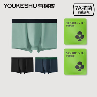 YOUKESHU 内裤男纯棉透气7A抗菌裆平角裤运动新疆棉短裤浅绿+深蓝+黑色2XL