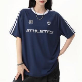 安踏 纯棉休闲短袖t恤男女夏季拼接宽松撞色球衣半袖情侣透气运动上衣