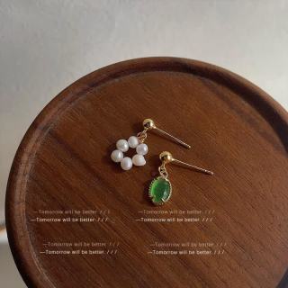 花饰庄园 小众设计淡水珍珠耳环女法式复古猫眼石耳钉个性时尚气质手作耳饰 淡水珍珠大小随机
