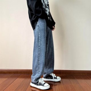 月伊纺 夏季宽松水洗牛仔裤男士纯色百搭阔腿休闲裤青年美式直筒哈伦长裤
