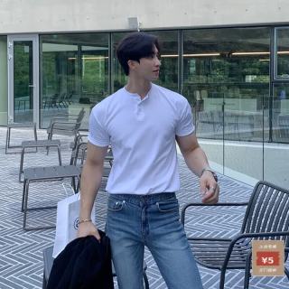我是大卫 短袖t恤男装 纯色修身型男硬汉上衣服 潮牌潮流亨利领体恤