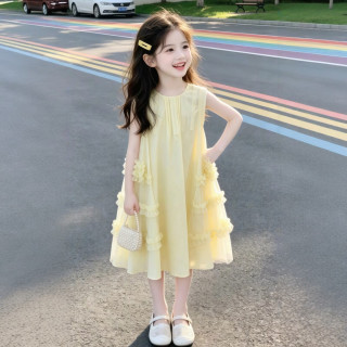 诺佳微淇 女童连衣裙夏装2026新款儿童无袖背心裙中裙小女孩夏季洋气公主裙 黄色 140