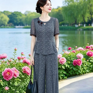 素订 中年妈妈高端女装透气显瘦上衣阔腿裤两件套