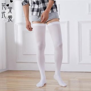 FOURDATRY 日系男士加长白色过膝长筒袜子潮天鹅绒超弹高筒大腿根丝袜
