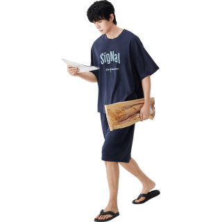 安之伴 男士纯棉短袖短裤家居服套装 海青 XL