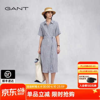 GANT 26春夏女新款纯亚麻连衣裙优雅老钱风衬衫裙 409-蓝白条 M