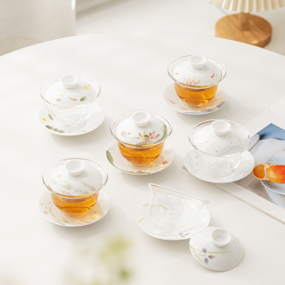 何时宜 三才盖碗茶杯 手绘游鱼逐花-玻璃