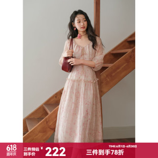 谜秀 复古甜美系列 女士印花长裙抽绳泡泡袖连衣裙 2026秋新品