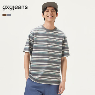 gxgjeans 男装 双色撞色条纹宽松时尚美式圆领短袖T恤男夏季 蓝灰条# L (175)