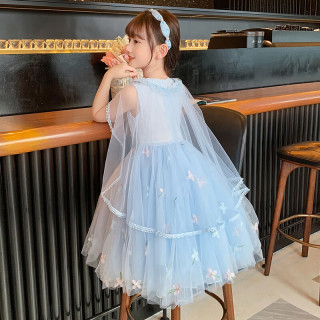 安妮优儿 冰雪奇缘爱莎公主裙女童夏装裙子新款儿童生日连衣裙 蓝色 150