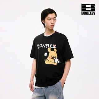 BONELESS 线条小狗可拼接情侣款夏季宽松T恤 米白色 M