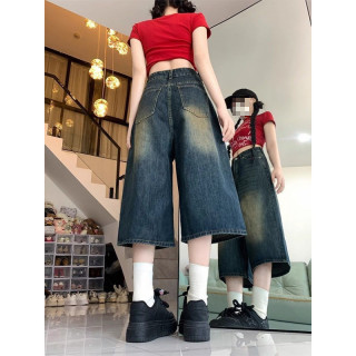 美式高街 女士复古阔腿七分牛仔中裤 夏季新款高腰显瘦修身宽松直筒短裤