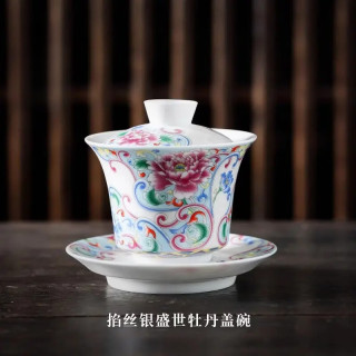 棠门 中式家用掐丝银盛世牡丹盖碗