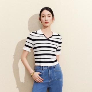 VERO MODA 26夏新品荷叶边袖口条纹图案短款上衣百搭针织衫女