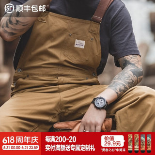 马登 工装 复古卡其色背带裤男阿美咔叽经典工装帆布休闲裤男 杏黄色 2XL