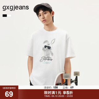 gxgjeans 真五折 美式兔子印花潮流时尚圆领短袖T恤 白色
