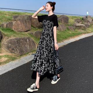 OopsCiah 女士假两件拼接短袖连衣裙 夏季韩系减龄碎花中长裙
