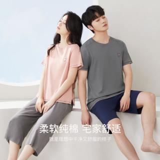 红豆居家 春秋全棉短袖情侣款圆领套头纯棉家居服睡衣套装