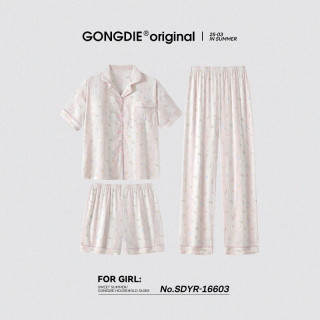 宫蝶 睡衣女三件套夏季可外穿短袖长裤甜美碎花家居服带胸垫 短袖三件套