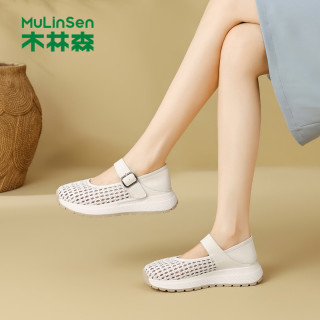 木林森 女鞋镂空编织单鞋 夏季轻便一字扣带玛丽珍鞋通勤百搭女士凉鞋子