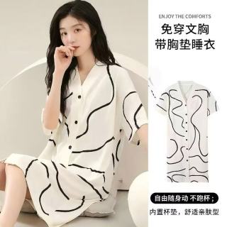 勋阳宇乐 女士睡衣带胸垫女纯棉100%棉中式睡裙开衫短袖