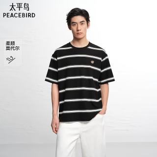 太平鸟 男装时尚撞色条纹短袖T恤2026夏新款小熊 黑色 L