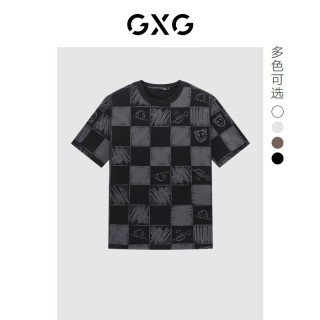GXG 男士潮搭涂鸦棋盘格创意印花短袖T恤