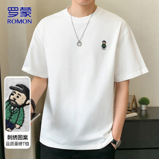 罗蒙 短袖t恤男士夏季潮流休闲圆领刺绣纯色体恤打底衫上衣 白色 XL