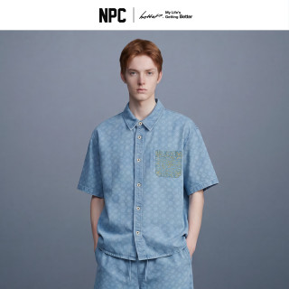 NPC 潮牌李晨nic莱赛尔满印牛仔短袖衬衫男士夏季时尚休闲NP65SH04 蓝色 S