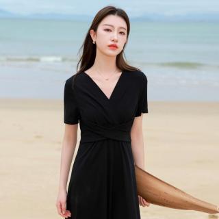 三彩 夏季交叉绑带小黑裙连衣裙V领大码女装高级感裙子