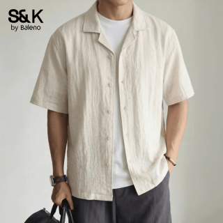 Baleno 班尼路 男士薄款亚麻肌理感老钱风短袖衬衫