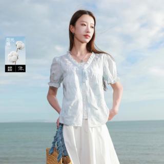 三彩 2026夏季绣花系带小衫上衣大码女装