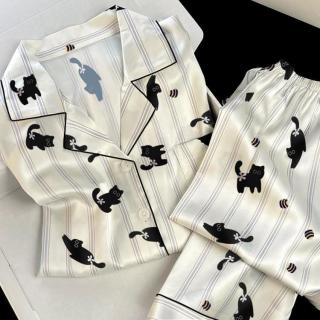 猫人 高级缎面春秋长袖睡衣女轻奢条纹可外穿家居服套装