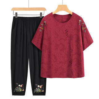 QITA 夏季中老年人套装棉麻女奶奶短袖妈妈纯棉T恤大码老太太衣服 红色套装 XL (建议105斤内)