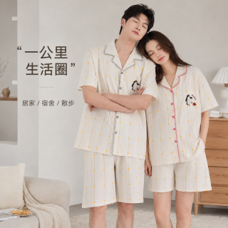 勋阳宇乐 纯棉情侣睡衣女夏季贝壳花边翻领卡通短袖短裤家居服